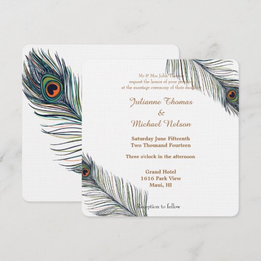 Peacock Feathers Wedding Einladung (Vorne/Hinten)