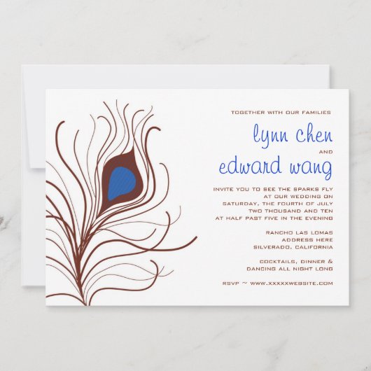 Peacock Feder Wedding Einladung - Kobaltblau (Vorderseite)