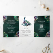 Peacock Floral Feather QR Code Emerald Wedding Dreifach Gefaltete Einladung (Innenseite)