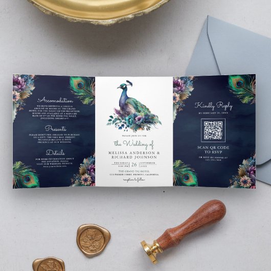 Peacock Floral Feather QR Code Navy Blue Wedding Dreifach Gefaltete Einladung