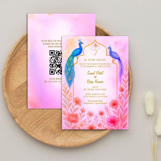 Peacock Floral Indian Hindu Wedding QR Code Einladung