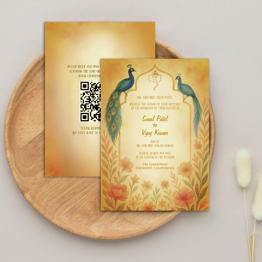 Peacock Floral Indian Hindu Wedding QR Code Einladung
