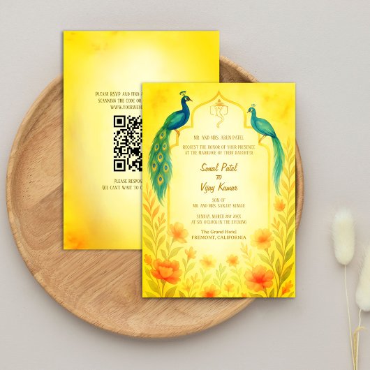 Peacock Floral Indian Hindu Wedding QR Code Einladung