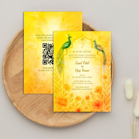 Peacock Floral Indian Hindu Wedding QR Code Einladung