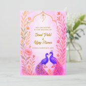 Peacock Floral Indian Hindu Wedding Watercolor Einladung (Stehend Vorderseite)