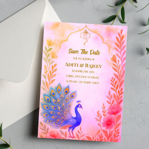 Peacock Floral Indian Wedding Save the Date Card Einladung
