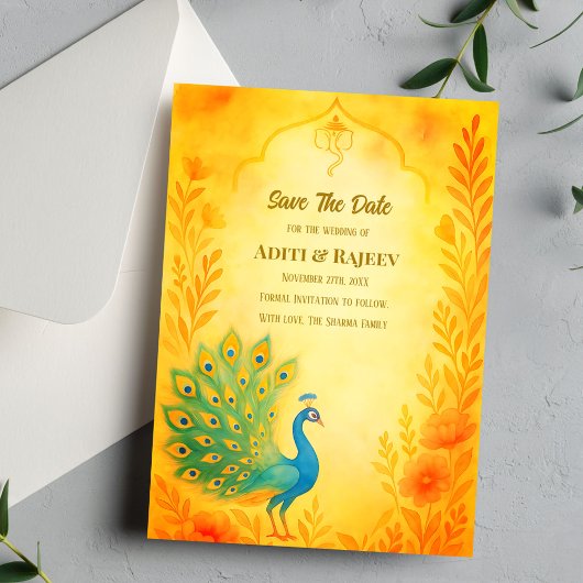 Peacock Floral Indian Wedding Save the Date Card Einladung