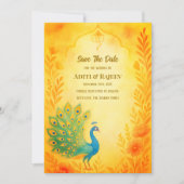 Peacock Floral Indian Wedding Save the Date Card Einladung (Vorderseite)