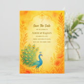 Peacock Floral Indian Wedding Save the Date Card Einladung (Stehend Vorderseite)