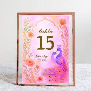 Peacock Floral Indian Wedding Tischnummer Card