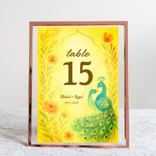 Peacock Floral Indian Wedding Tischnummer Card