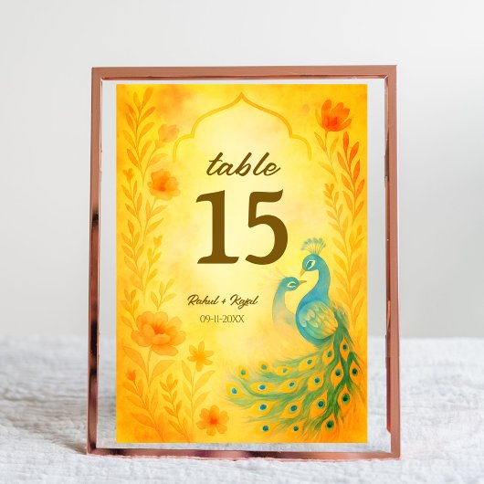 Peacock Floral Indian Wedding Tischnummer Card