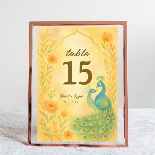 Peacock Floral Indian Wedding Tischnummer Card