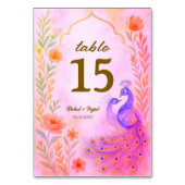 Peacock Floral Indian Wedding Tischnummer Card (Vorderseite)
