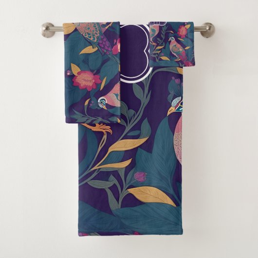 Peacock Floral Personalisiertes Muster Badhandtuch Set (Insitu)