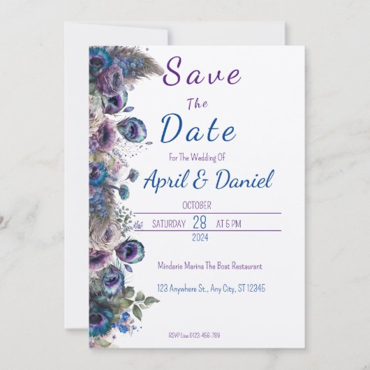 Peacock Floral Thema Save the Date Einladung (Vorderseite)