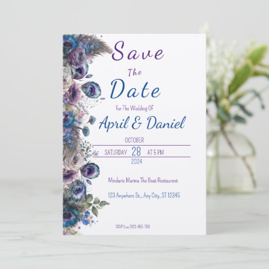 Peacock Floral Thema Save the Date Einladung (Stehend Vorderseite)