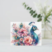 Peacock Floral Watercolor Portrait Postkarte (Stehend Vorderseite)