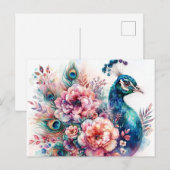 Peacock Floral Watercolor Portrait Postkarte (Vorne/Hinten)