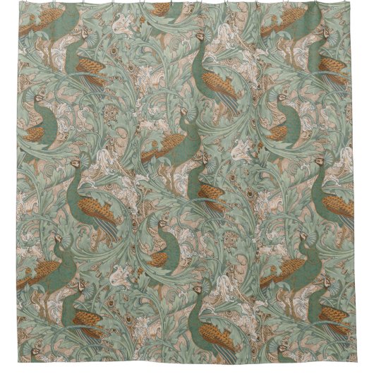 Peacock Garden in Green Beige Mustard  Duschvorhang (Vorderseite)