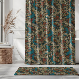 Peacock Garden in Teal Blue Rust Mustard Beige Duschvorhang