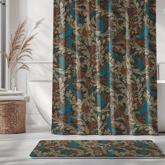 Peacock Garden in Teal Blue Rust Mustard Beige Duschvorhang