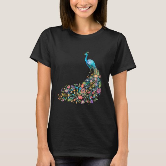 Peacock Graphic Blue Teal Floral Tail Feathers Bir T-Shirt (Vorderseite)