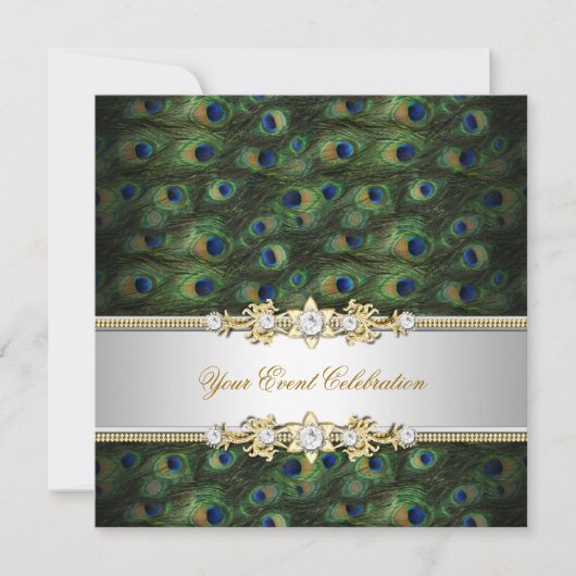 Peacock Green Blue Gold Elegantes Party Einladung (Vorderseite)