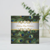 Peacock Green Blue Gold Weißes Party Einladung (Stehend Vorderseite)