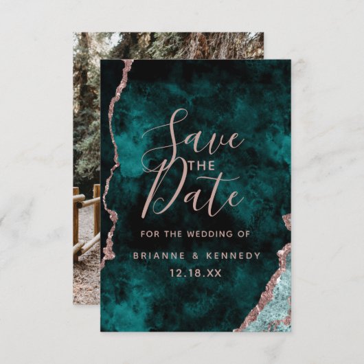 Peacock Green Rose Gold Agate Marble Foto auf der Save The Date (Vorne/Hinten)