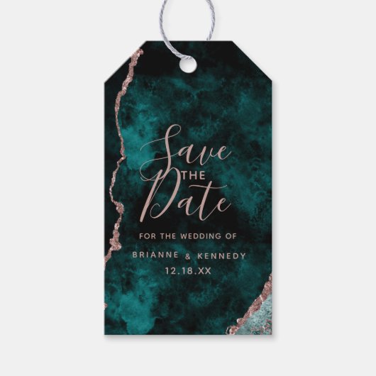 Peacock Green Rose Gold Agate Marble Save the Date Geschenkanhänger (Vorderseite)