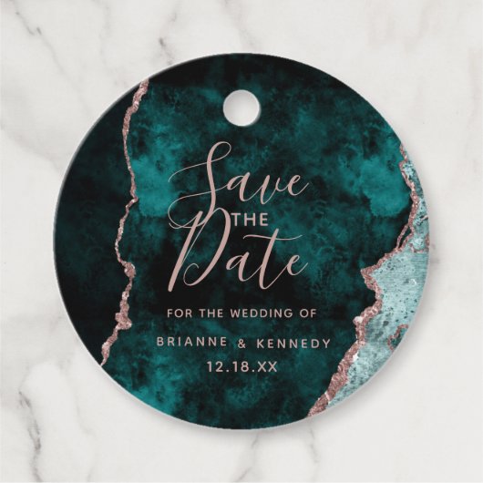 Peacock Green Rose Gold Agate Marble Save the Date Geschenkanhänger (Vorderseite)