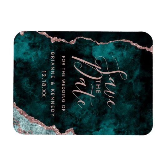 Peacock Green Rose Gold Agate Marble Save the Date Magnet (Horizontal)