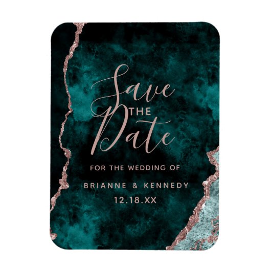 Peacock Green Rose Gold Agate Marble Save the Date Magnet (Vertikal)