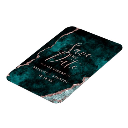 Peacock Green Rose Gold Agate Marble Save the Date Magnet (Linke Seite)