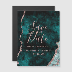 Peacock Green Rose Gold Agate Marble Save the Date Magneteinladung