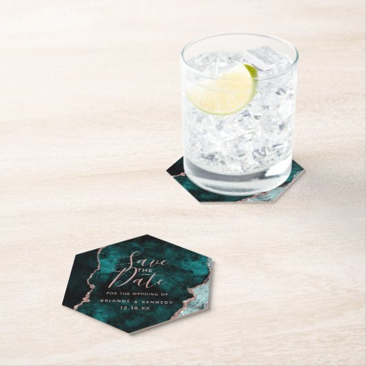 Peacock Green Rose Gold Agate Marble Save the Date Untersetzer (Vor Ort)