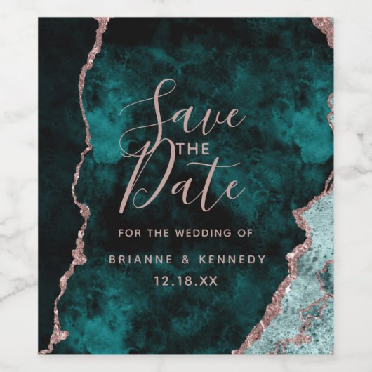 Peacock Green Rose Gold Agate Marble Save the Date Weinetikett (Einzelnes Label)