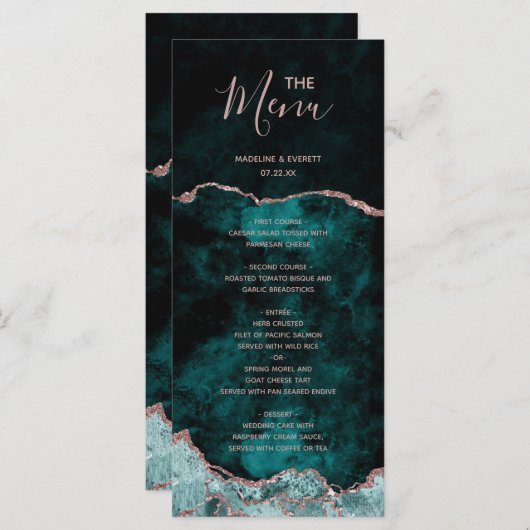 Peacock Green Rose Gold Agate Marble Wedding Menu Menükarte (Vorne/Hinten)