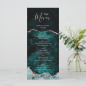 Peacock Green Rose Gold Agate Marble Wedding Menu Menükarte (Stehend Vorderseite)