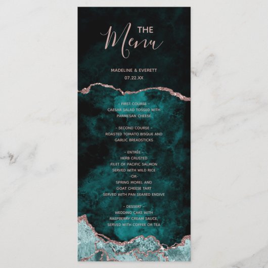 Peacock Green Rose Gold Agate Marble Wedding Menu Menükarte (Vorderseite)