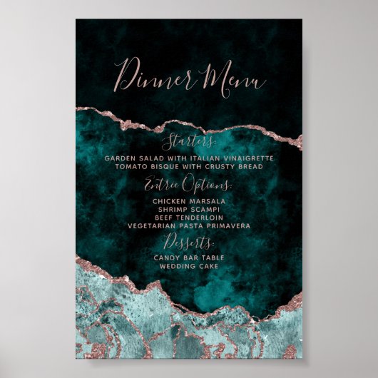 Peacock Green Rose Gold Agate Marble Wedding Menu Poster (Vorne)