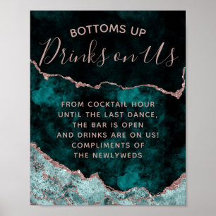 Peacock Green Rose Gold Agate Open Bar Table Sign Poster