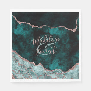 Peacock Green & Rose Gold Agate Wedding Monogram Serviette
