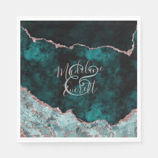Peacock Green & Rose Gold Agate Wedding Monogram Serviette (Vorderseite)
