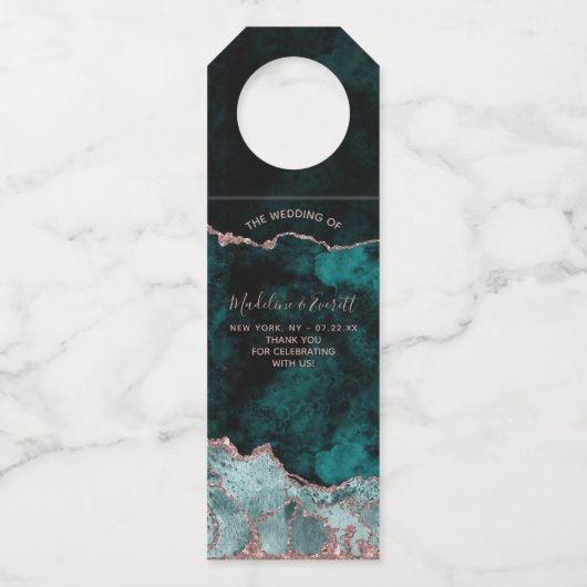 Peacock Green & Rose Gold Agate Wedding Vielen Dan Flaschenanhänger (Vorderseite)