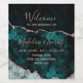 Peacock Green & Rose Gold Agate Wedding Willkommen Weinetikett (Einzelnes Label)