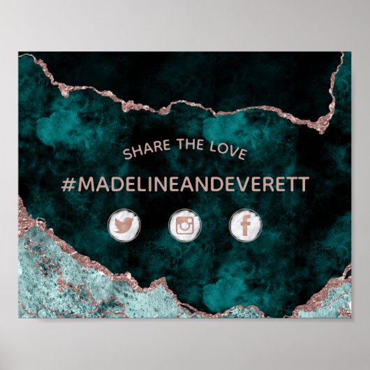 Peacock Green & Rose Gold Foil Wedding Hashtag Poster (Vorne)