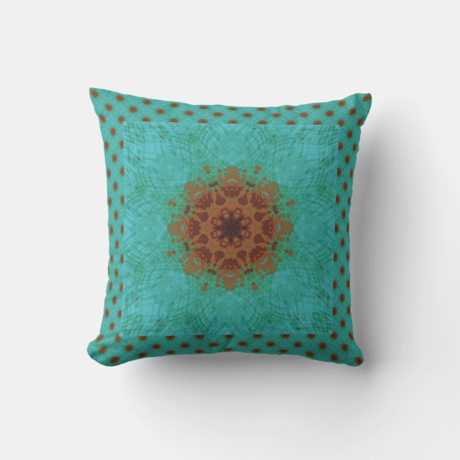 Peacock Green und Rust Graphic Floral Mandala Kissen (Vorderseite)
