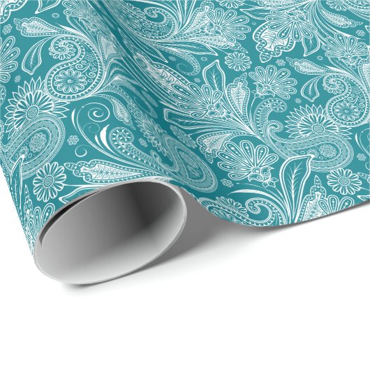 Peacock Green und White Vintag Paisley Geschenkpapier (Rolleneckpunkt)
